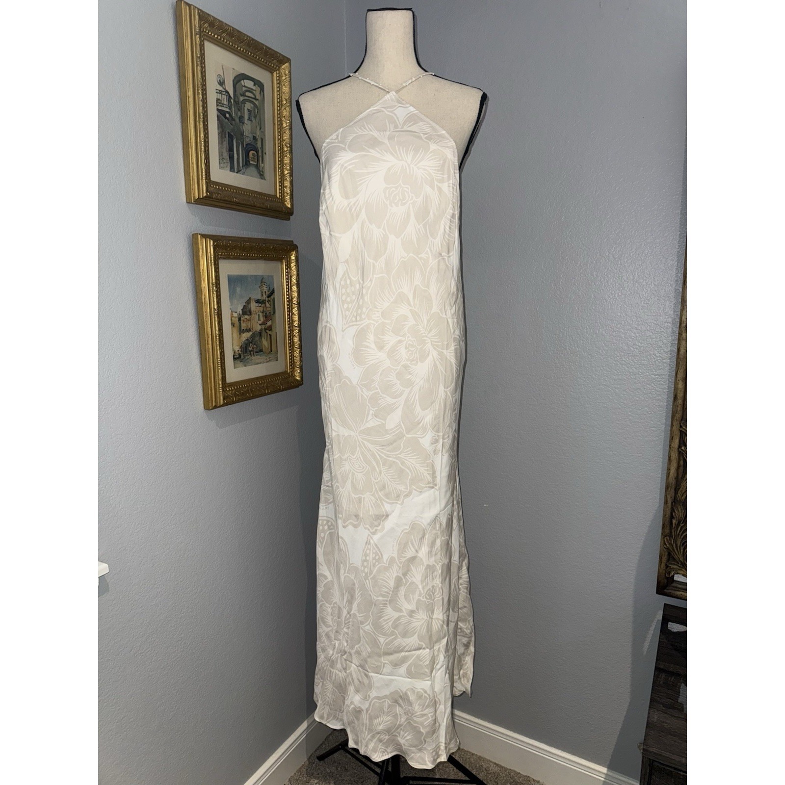 Farm Rio Halter Ivory Maxi Dress Nwt Garden Minimalist Tropical Bridal Summer